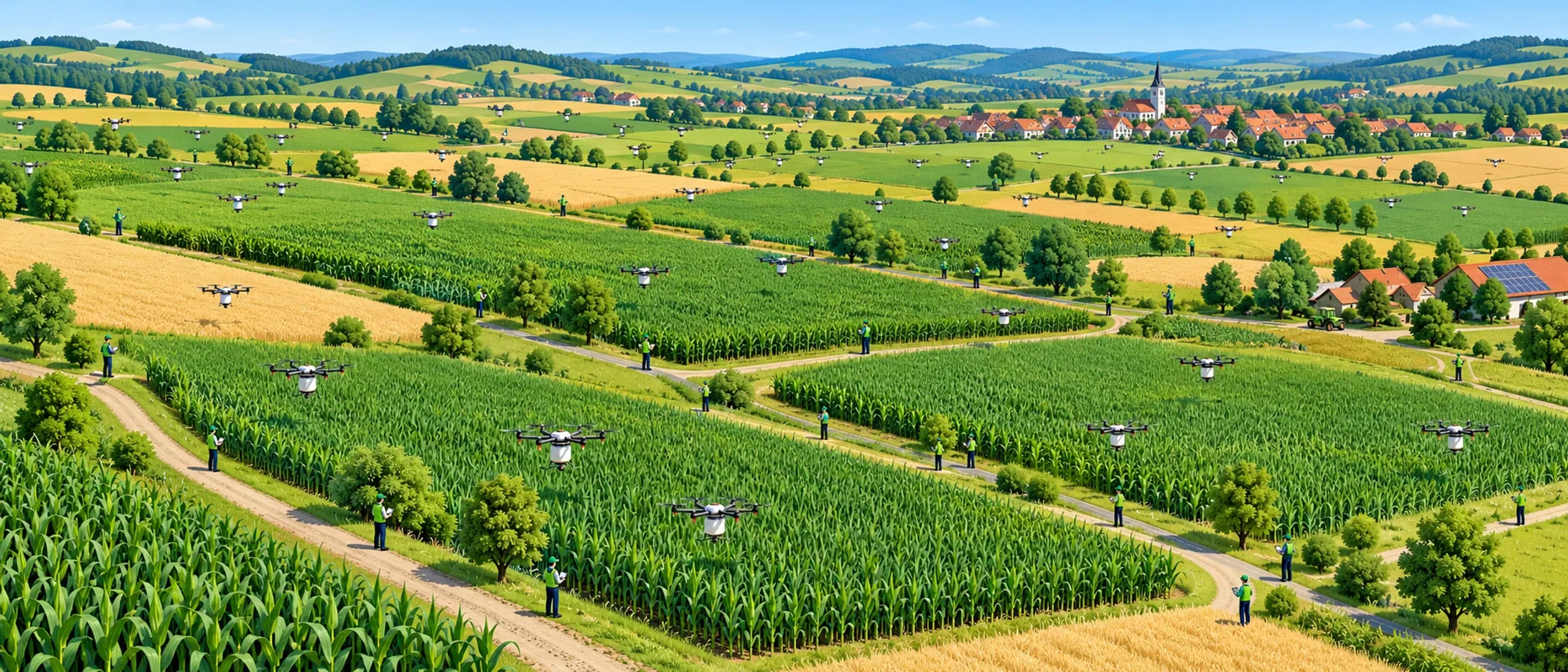 Illustration: Drohnenpilotinnen und -piloten mit Multikoptern über sommerlichen Maisfeldern